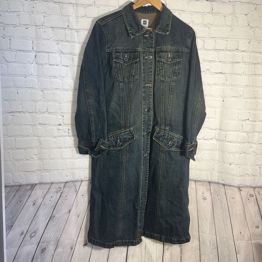 GAP Vintage Y2K Blue Dark Wash Denim Jean Jacket Trench Coat‎